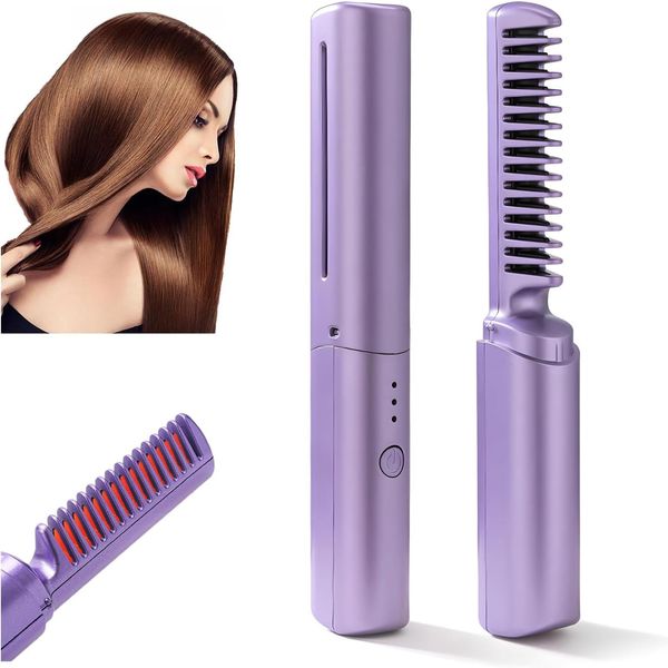 Rechargeable Mini Hair Straightener, Cordless Hair Straightener Brush, Portable Straightening Brush with Negative Ion,Hot Comb Hair Straightener for Women,2 in1 Lightweight for Trave (Purple)