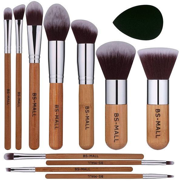 BS-MALL Makeup Brush Set 11Pcs Bamboo Synthetic Kabuki Brush Set Foundation Powder Blending Concealer Eye shadows Blush Cosmetics Brushes with Organizer Bag & Makeup Sponge