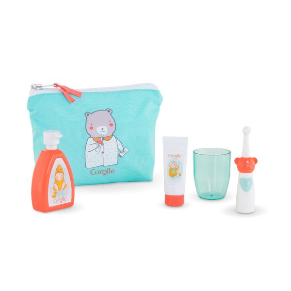 Corolle Baby Doll Care Pouch and Accessories Set - Includes Storage Bag, Drinking Cup, Pretend Electric Toothbrush, Toothpaste and Pump Bottle, for use with12, 14" and 17" Dolls (141310)