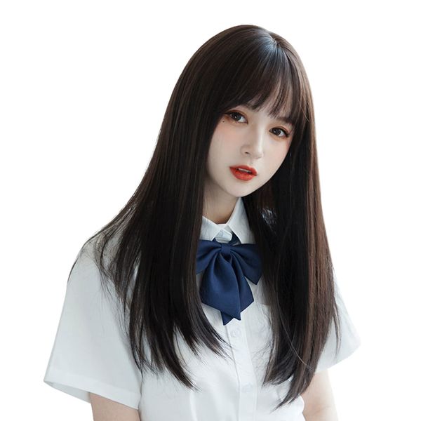 Hawkko Wig, Long, Medium, Semi-Long, Full Wig, Straight Wig, Women's, Wig, Flat Bangs, Curl, Women's Clothing, Sweet Pie, Long Hair, Natural, Small Face, Heat Resistant, Harajuku Style, Lolita, Daily Use, Net / Comb Included (Natural Black)