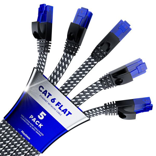 Maximm Cat 6 Ethernet Cable, 1 ft, 5 Pack Easy-Hide Flat Super-Durable Black and White Braided Network LAN Internet CableCord