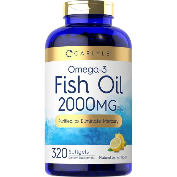 Fish Oil Pills 2000mg | 320 Capsules | Lemon Flavor | Non-GMO | by Carlyle