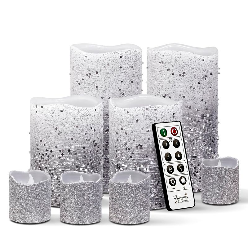 FURORA LIGHTING Silver Glitter LED Candles with Remote and Timer, 4 ...