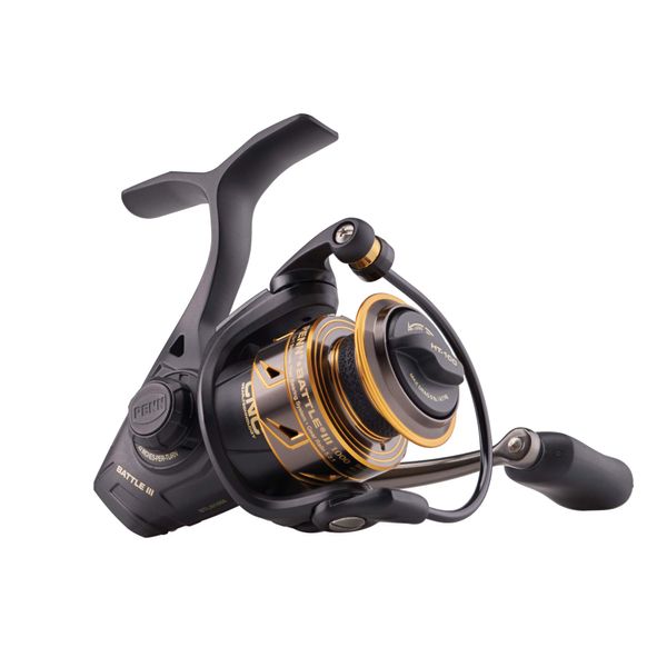 PENN Battle III Spinning Inshore Fishing Reel, HT-100 Front Drag, max of 9lb | 4.0kg, Made with Sturdy All-Aluminum Composition for Durability, Black Gold