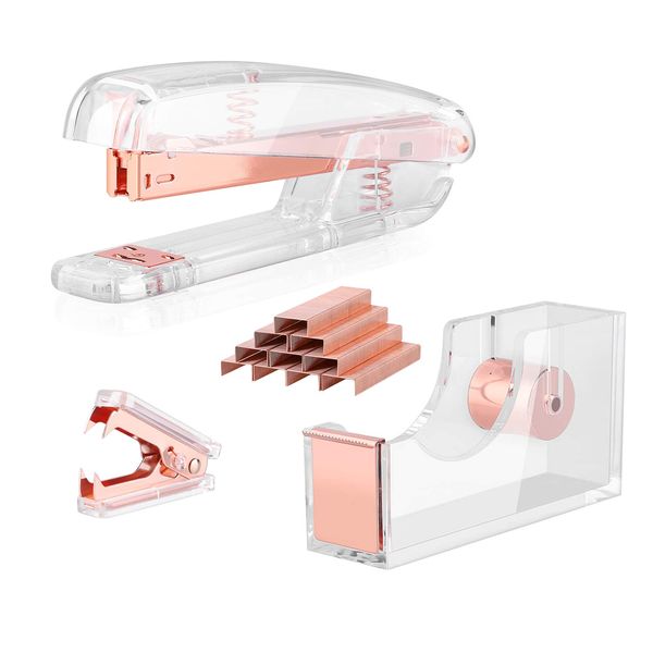 ALSISK Desk Accessory Kit,Acrylic Stapler Set, Tape Dispenser, Staple Remover with 1000pcs 26/6 Staples -Rose Gold