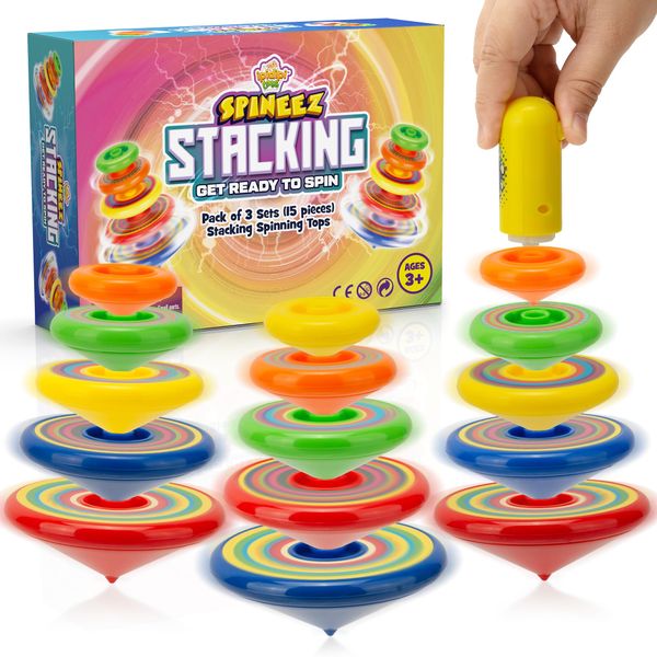 Spineez Sacking Spinning Tops for Kids, Set of 3, 15 Pieces UFO Spin Toys with, Fun Birthday Party Favors, Birthday Supplies, Stocking Stuffers for Boys and Girls 3 4 5 6 7 8 9 and Up