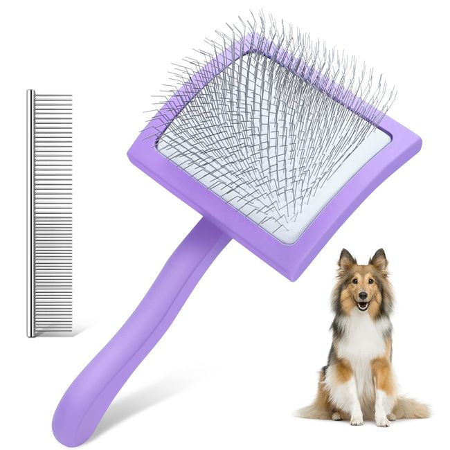 WOPQAEM Dog Slicker Brush for Grooming Hair, Long Pin Brush for Shedding Medium & Long Haired Cats. Dematting Tool for Removes Loose Fur, Tangles, Knots, Undercoat, Free Pet Comb - Large, Purple