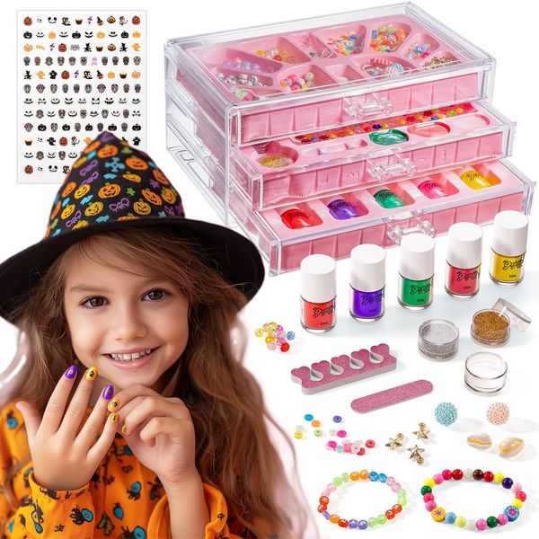 Geyiie Nail Polish Toys Set, DIY Bead Making Kit in Acrylic Storage Box 3 Drawers with Halloween nail sticker for girls , Bracelet Making Kit Arts & Crafts for Girls, Party Favor