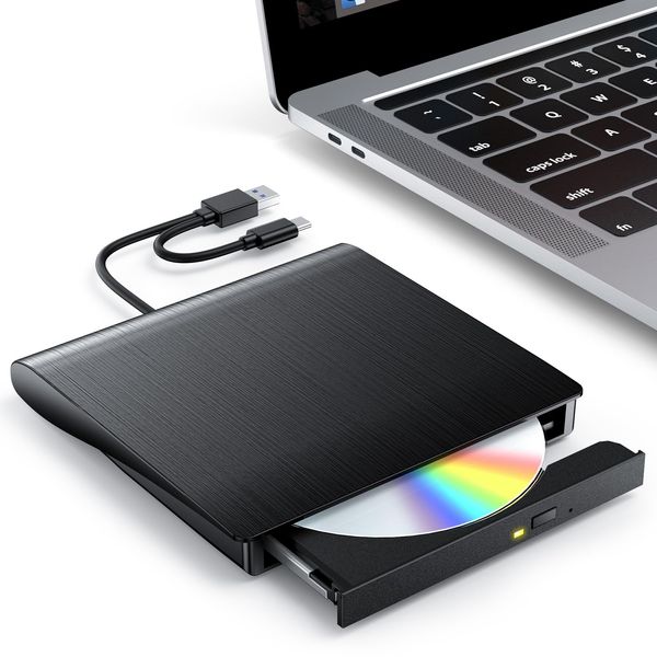 CD DVD Drive, External [Extreme Reading] External DVD Drive, Quiet, Lightweight, CD Drive, Read/Write, Compact, Bus-Powered, Thin, Portable, Optical Drive, External CD/DVD, Compatible with Mac/Windows