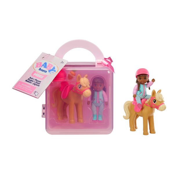 Baby Born MINIS Playset - Deep Skin Tone Doll with Brown Eyes, Horse with Helmet & Carrot Accessory, Includes Reusable Carrying Case for On-The-Go Playtime