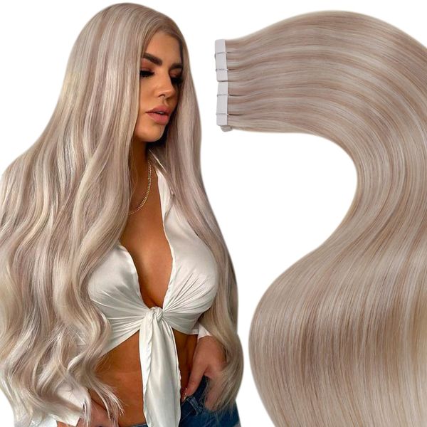 LaaVoo Invisible Tape in Extensions Echthaar Blond Extensions Echthaar Tape in Seamless Haarverlängerung Echthaar Ashblond Highlighted Hellblond 20pcs 30g #p18/613 30cm