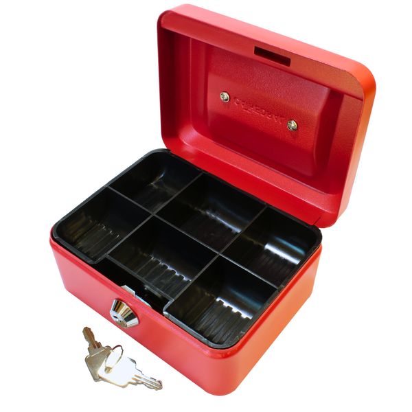 Cathedral Products Key Lockable Cash Box with Lift Out 6 Compartment Coin Tray - 6 Inch - Red