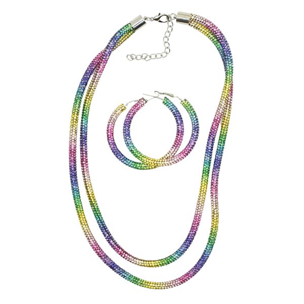 Jewellery Set Rainbow Necklace and Hoop Earrings, Glass