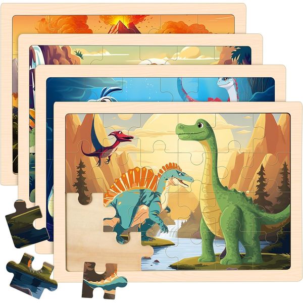 4 Packs Puzzles for Kids Ages 4-6, Wooden Dinosaur Puzzles for Toddlers Ages 2-4, Preschool Educational Dino Puzzles Boards Toys Gifts for 3 4 5 6 Boys Girls