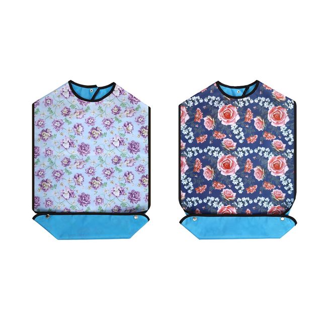 Adult Bibs, Waterproof Floral Print Bibs for Eating Washable and Reusable Clothing Protectors (safflower,Purple flower)