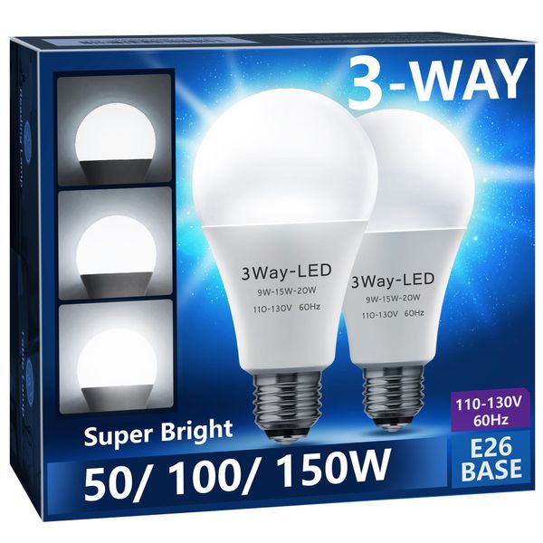 Briignite 3 Way LED Light Bulbs 50-100-150W Equivalent Daylight White 5000K, 3-Way A21 LED Light Bulb E26 Medium Base, 600LM-1250LM-1850LM, Perfect for Table Lamp, Floor Lamp, Desk Lamp, 2 Pack