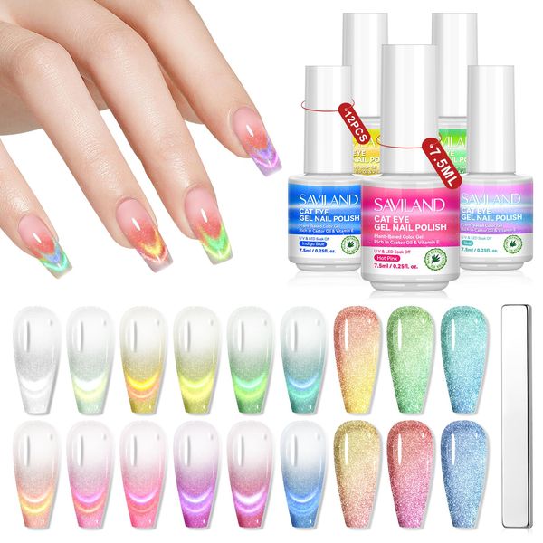 SAVILAND Pastel Cat Eye Gel Nail Polish Set: 12 Colors Glitter Cat Eye Gel Nail Polish Castor Oil Vitamin E Sparkle Magnetic Gel Polish Soak Off U V LED Nail Art Magnet Manicurist Gift Salon Home