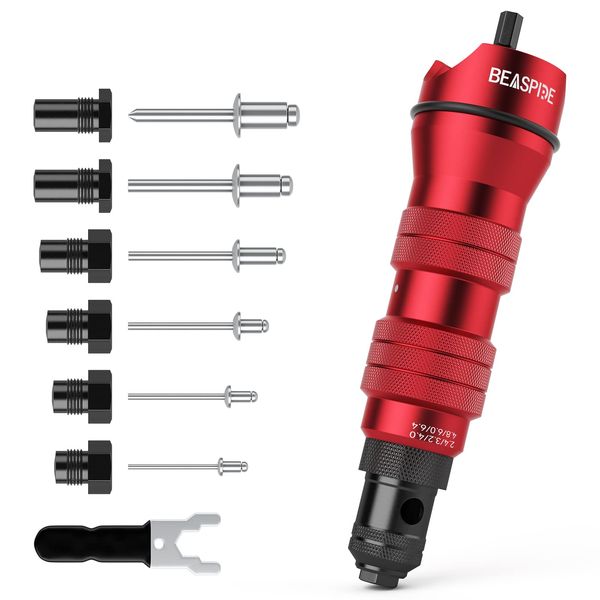 Beaspire Cordless Rivet Gun Adapter - Electric Rivet Drill Adapter Kit 2.4mm-6.4mm, Rivet Gun Kit with 6 Interchangeable Rivet Heads and 30 Blind Rivets, Easy processing for Pop Rivets