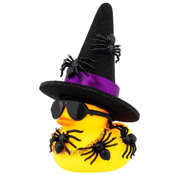 wonuu Spiders Rubber Ducks for Halloween, Car Dashboard Decorations Duck for Office Desk Ornament Accessories with Witch Hat Glasses Chain Spider (Black)