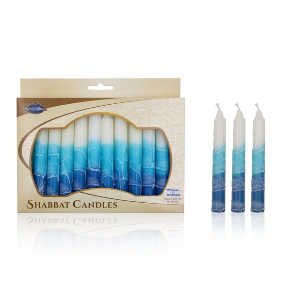 Majestic Giftware/Safed Candles 12-Pack Shabbat Candles - (SC-SHWT-T) | 5 Inch Dripless Handcrafted Traditional Shabbos Candles | Fits Standard Candle Holders (White Turquoise)