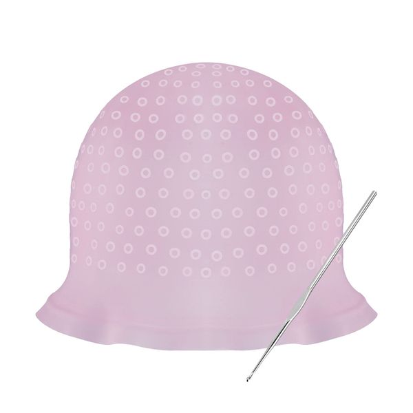 Hair Color Cap Silicone Highlighting Cap Reusable Solon Hairdressing Cap with Metal Hook Needle, Pink