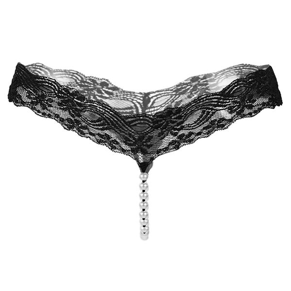 White Fang TT34 Women's Thong Underwear, String Pan, Pearl, Lace, Sexy Lingerie, 01: Black