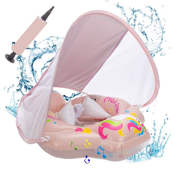 Baby Swimming Ring with Removable Sun Canopy, Swimming Aid Adjustable Shoulder Straps, Swimming Trainer, with Inflatable Swimming Float for Ages 3-36 Months (Pink)
