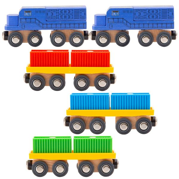 ORBRIUM 11 Pcs Intermodal Freight Trains Set for Wooden wood Railway Includes 2 Diesel Engines, 3 Container Flat Cars, 6 Shipping Containers Compatible with Thomas, Brio, Chuggington, Melissa and Doug