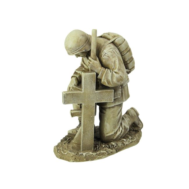 Kneeling Soldier by Cross Gravestone 8" Resin Stone Garden Statue Figurine