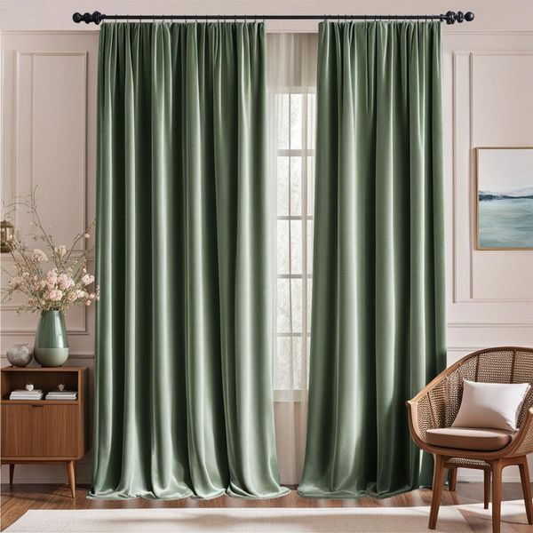 Lazzzy Velvet Blackout Curtains Green 90 Inch Long Thermal Insulated Curtain Heavy Duty Drapes Room Darkening Blackout Curtains Bedroom Window Treatment Set of 2 Panels Rod Pocket Sage