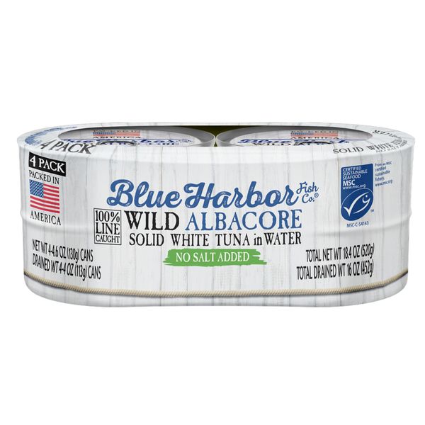 Blue Harbor Fish Co. Wild Albacore Solid White Tuna in Water, No Salt Added - 4.6 oz Canned Tuna (Pack of 4)