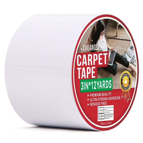 CHUANGSEED Weiß Doppelseitig Teppichklebeband Klebeband extra stark 3in x 12y(75mm x 10.9m) Doppelseitiges Klebeband Zum Verlegen Von Teppich Und PVC-Belag für den privaten Gebrauch Teppichklebeband