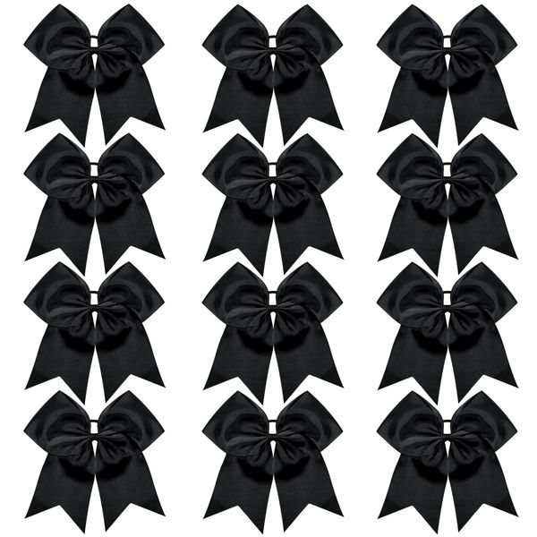 TUUXI 12pcs 8" Large Cheer Bows Black Elastics Hair Ties Bands Grosgrain Ribbon Ponytail Holder for Cheerleading Team Baseball Softball Tennis Cheerleader Bows