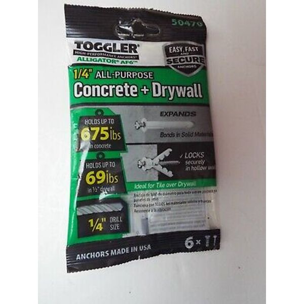 toggler 1/4 inch All Purpose Concrete and Drywall Anchors 6 each NEW