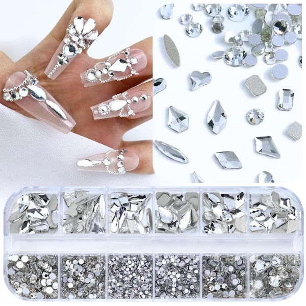 Dowarm 3200PCS Nail Art Rhinestones, Crystal Clear Flatback Rhinestones for Nails, Crafts, 12 Styles 3D Glass Crystal Nail Gems, White Diamond Stones