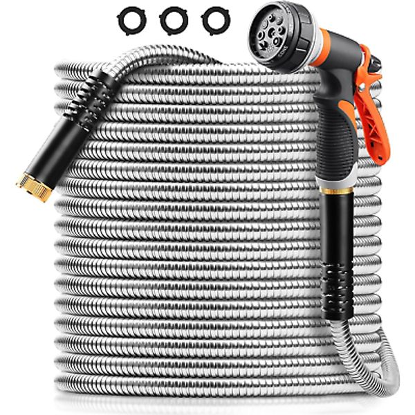 Metal Garden Hose 50FT, Heavy Duty 304 Stainless Steel Water Hoses with Nozzle,