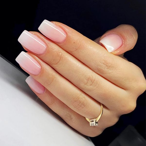 Ombre French False Nails Short Square, SXVME French Press on Nails Short Medium, Gradient Pink Fake Nails Short, Elegant Ombre Pink Nails Press on, Acrylic Stick on Nails for Women Daily Wear