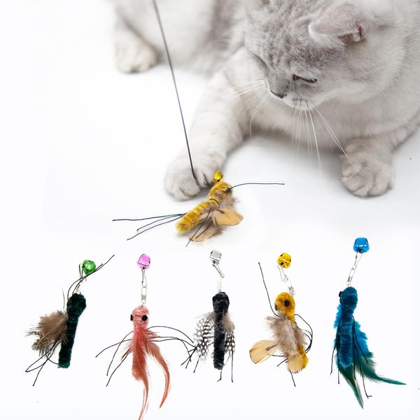 Mooipur Cat Insects Toy Interactive Cat Toy Bug Refills for Cat Wand Toy, 5 Pieces Feather Replacements with Bells for Cat Teaser for Indoor Cats and Kittens, Big Insects Set