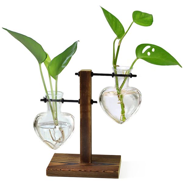 XXXFLOWER Plant Terrarium Wooden Stand, Hydroponic Planter Bulb Glass Metal Swivel Holder Retro Air Plants Water Plants for Home Office Decoration, Plant Lover Gifts - 2 Love Bulb Vase