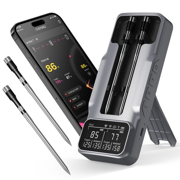 Wireless Meat Thermometer Digital Grill Thermometer Bluetooth Food Thermometer with Ultra-Thin 2 Probes, 800ft Long Range, LCD Display, Smart Cooking Thermometer for BBQ/Oven/Grill/Smoker/Rotisserie