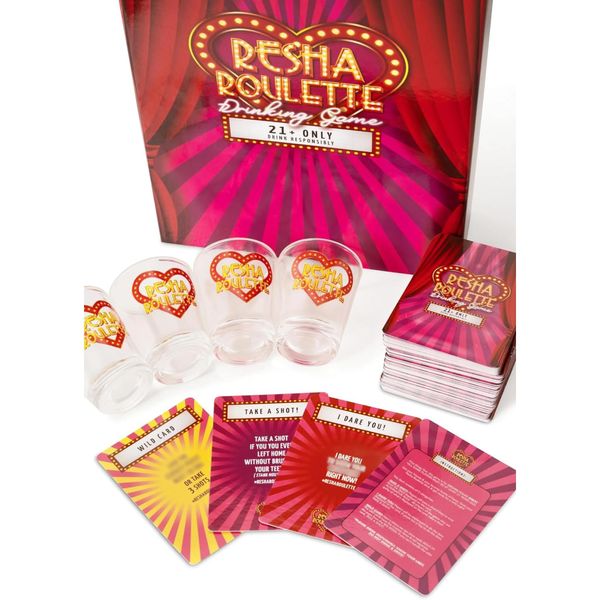 Caresha Please - Resha Roulette - A Drinking Card Game for Parties and More - Includes 120 Cards and 4 Shot Glasses