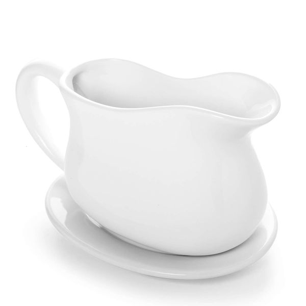 Gonioa 17oz Porcelain Gravy Boat and Tray with Dripless Lip Spout, Gray Bowl, Gravy Sauce Boat for Turkey, Warming Sauces, Salad Dressings, Milk and More - Microwave and Dishwasher Safe, White