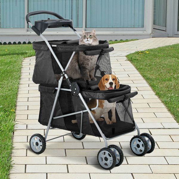 4 Wheels Double Layer Pet Stroller Cat Dog Cage Stroller Travel Folding Carrier