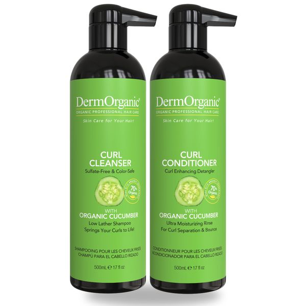 DermOrganic Curl Care with Organic Cucumber - Sulfate Free, Color Safe, Low Lather, Hydrating Cleanser - SHAMPOO and CONDITIONER - 17 oz