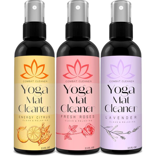 Combat Cleaner Yoga Mat Cleaner Spray Kit (Pack of 3) Includes a Microfiber Towel, Restores and Refreshes Yoga Mats (Lavender, Fresh Roses, Energy Citrus)