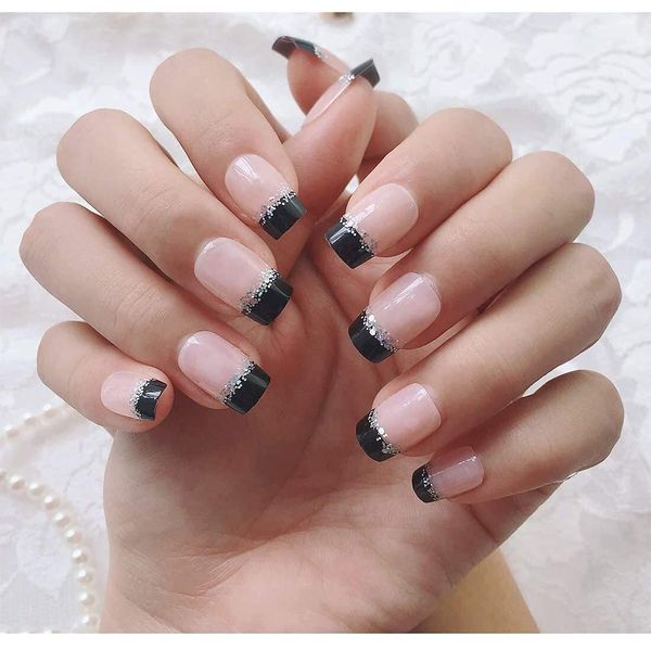 French Fake Nail Nude Nails with Black and Glitter Top Artificail Nails for Daily Wear Medium Size False Nails