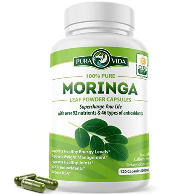 PURA VIDA MORINGA Moringa Capsules Single Origin Moringa Powder Organic. Moringa Leaf. Energy, Metabolism, & Immune Support. 120ct. 500mg Caps.