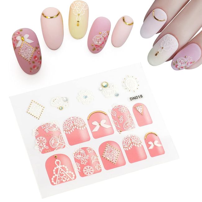 AnGalaxy Nail Stickers, White, Lace, Flowers, DIY Nail Decals, Nail Art, Easy to Apply, Top Designer, Design, Cute Nail Stickers, For Hands, Popular, Stylish, Advanced Nail Accessories, Non-Toxic, Women's, Gift, Manicure, Nail Deco Parts, Suitable for Chi