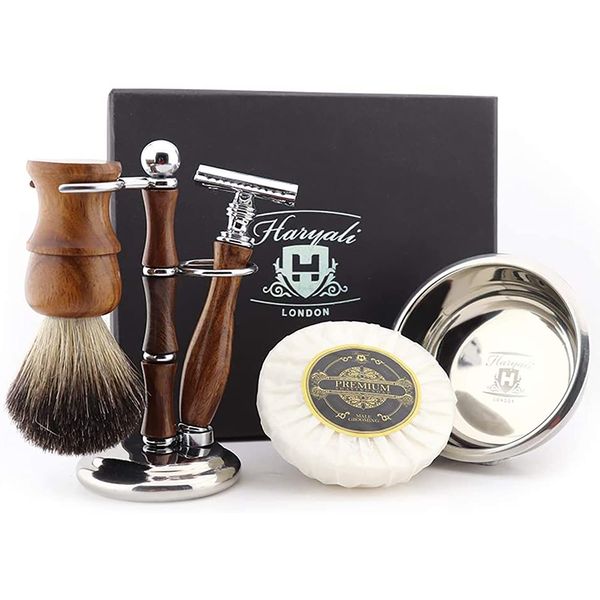 Haryali London Shaving Kit – 5 Pc Wooden Shaving Kit – Double Edge Safety Razor - Super Badger Shaving Brush – Shaving Soap – Shaving Bowl – Shaving Stand - Shaving Set as Gift