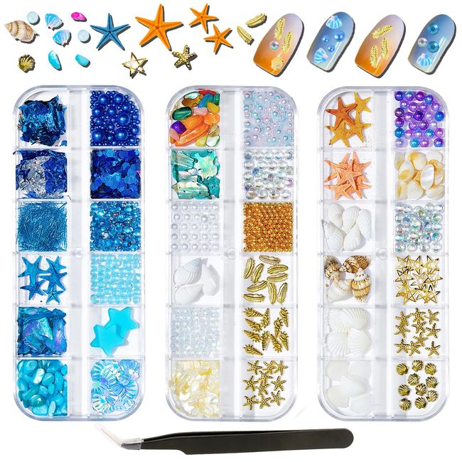 3 Boxes 3D Mixed Ocean Theme Nail Art Rhinestones Accessories Summer Beach Shell Starfish Conch Sea Series Sequin Nail Art Charms with Tweezers for DIY Nail Art Designs Manicure Decoration